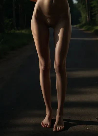 russian mature women, gorgeous supermodel, 1girl, fully naked, barefoot, natural blonde long hair, pretty face, hourglass figure, tall, too skinny, thigh gap, realistic body proportions, perfect anatomy, good hands with perfect fingers, public hair, detailed pussy, hairy blonde pussy, realistic detailed skin, tan lines, long legs, straight road in morning forest, stands with her feet shoulder-width apart, midday, one foot behind her, random pose, realistic shadows, natural depth of field, ultrarealistic, high quality reflections, uhd, 8k, chromatic aberratio, <lora:dark:.3>, <lora:nudity_v02_i1300:.8>, <lora:detailed_notrigger:1.1>, (front view), pussy close up, (photo from belly to knees), 2/3_front, bottom_up, lower_body, d_short, asymmetrical, <lora:VnC_beta:1.2>, sunlight, sunny, side light