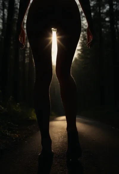 score_9_up, score_8_up, score_7_up, russian mature women, hourglass figure, landing strip, thigh gap, realistic body proportions, perfect anatomy, good hands with perfect fingers, super detailed skin texture, long legs, road in the morning forest, walking into the sunligh light, sun light in front of her, clear silhouette against sun light, sun shines between thighs, random pose, realistic shadows, natural depth of field, ultrarealistic, high quality reflections, uhd, 8k, chromatic aberratio, view from behind, ass close up, from below shoes, very dark focused flash photo of found footage, <lora:sdxl_darkflash_v6-000060:.8>, <lora:dark:.3>