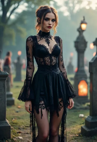 Group of gothic girls posing in a graveyard, 8k, photoreal, high quality, (smooth pussy), perfect tall body, long legs, intricate hairstyles, intricate transparent lace gothic dress, stockings, high heels platform, (sexy slut poses), raver, girl, at, a, festival, in, music, wearing, with, glitter, 2017, 2012, party, costume, <lora:add-detail-xl:.5>, <lora:MJ52:.8>, <lora:RaverGirls_XL_v1-000003:.8>