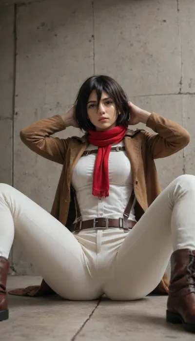 (Character), Solo, Mikasa Ackerman from Attack on Titan, (Costume), wearing her Survey Corps uniform, including a dark green cloak, brown leather jacket, white pants, and red scarf, (Physique), detail face, She has her black hair tied back, large bust, curvy physique, (Accessories), holding dual Omni-Directional Mobility Gear blades, (Background), simple plain wall, (Expression), sitting down on the floor in a sexy way, legs at right angles to each other, knees flexed, hands over her head, (view), front-low angle view, (Image quality), 8k resolution, high definition, ultra high clarity.