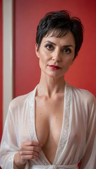 Skinny, (milf:1.4), 45 years old, black hair pixie cut, heavy eyeshadow, white lose sheer robe, red backdrop