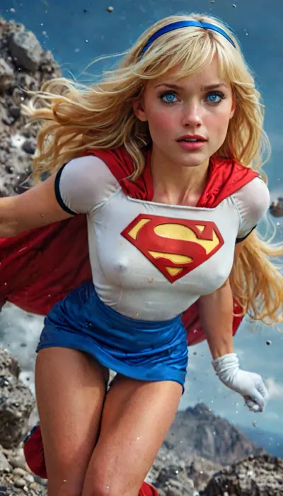masterpiece, best quality, 1girl, gorgeous busty supergirl, blonde hair, long hair, hairband, blue eyes, gloves, red cape, blue skirt, white shirt, blue sky, flying through an asteroid belt, but, braless, Wearing, clothes, that, make, sense, with, Braless>, <lora:MJ52:2>, <lora:add-detail-xl:2>, <lora:BUT_SDXL_SHS:.3>, <lora:bralessSDXL_v1_00022:.8>