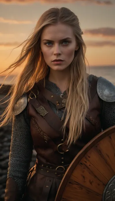 Beautiful young female Viking warrior, standing on a windswept Nordic shoreline at dawn, long braided blonde hair with loose strands in the wind, fierce blue eyes, wearing fur-trimmed leather and chainmail armor with Norse runes engraved, holding a round wooden shield and a bloodied axe, dirt and battle scars on her face, behind her a longship with carved dragon prow, cinematic lighting, ultra-realistic detail