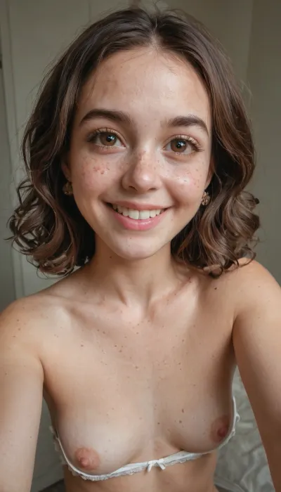 22 years old Mexican-american woman, taking a selfie, wearing floral brassiere, white and pale skin, slim nose, brown hair, small sagging breasts, robust body, embarrassed smile, round face, wearing underwear, minimalist white luxury hotel, freckles, brown eyes, molar on cheek, 3/4 body view, rhinoplasty, hyper realistic photo, full hd, 8K