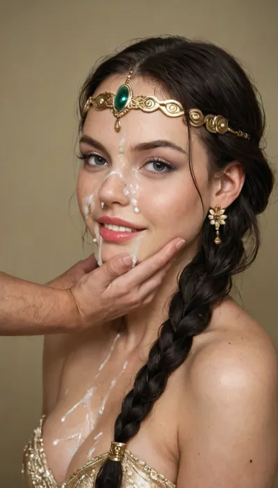 he stood as if painted by the hand of Raphael himself—elegant, luminous, and unknowably distant. At twenty-one, she had long since passed the threshold between maidenhood and womanhood, and she wore that maturity like a hidden jewel beneath layers of silk and etiquette. Her face bore the serene symmetry of nobility, a gentle oval framed by waves of raven-black hair, parted neatly in the center and coiled into braids that crowned her head like a circlet of ink spun into gold. Her skin was a soft olive tone, smooth as marble warmed by the sun, with a glow that caught the light in the hollow of her cheeks and along her slender throat. Her brows were dark and softly arched, giving her expression a natural intelligence, while her eyes—deep hazel with flecks of gold—were limpid and soulful, the kind of eyes that promised both secrets and sorrows. Her lips, full and softly defined, rested naturally in a contemplative half-smile, as if amused by thoughts no one else could hear. The gown she wore clung to her with the precision of a whispered scandal—tailored in the Florentine style, with a square neckline that revealed the upper slope of her décolletage. Her bust was full and high, accentuated not garishly but with reverence, as though the dress itself had been designed to honor her form, not reveal it. There was power in her posture—her back straight, shoulders low—yet a feminine softness lingered in every gesture, every turn of her wrist, every subtle movement beneath the weight of brocade and velvet., lots of cum, cum all over her, thick cum covers face, cum from 20 men, bukkake, cum, <lora:MS_Real_XL_Bukkake:.8>