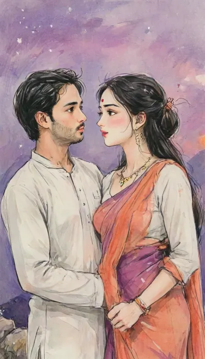 A romantic hand-drawn illustration of an Indian couple on a hilltop, inspired by the cinematic style of the anime Your Name. Detailed sketch style with soft muted colors, expressive pencil and watercolor textures, fine line art, and intricate shading., (Female), The woman wears a traditional saree with blouse, bangles, earrings, and necklace, elegant and graceful, her saree and long hair flowing gently in the breeze., (Male), The man wears a white kurta, looking tenderly at her, his kurta fabric also moving in the wind. They stand close together, holding hands, facing each other in an intimate, emotional moment. Low-angle perspective, expansive twilight sky glowing behind them, streaks of warm orange and purple, with stars twinkling faintly in the background. Cinematic and atmospheric composition, romantic, poetic, artistic, gufeng influence, ink and wash textures, Saree, Indian, ac_neg1, <lora:transparent-saree:.8>, <lora:XLSarees1:.8>, <lora:gufeng_ink_wash_xl_v2:1>, <lora:Eldritch_SketchDraw:1>