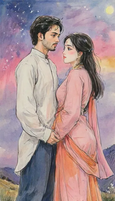 A romantic hand-drawn illustration of an Indian couple on a hilltop, inspired by the cinematic style of the anime Your Name. Wide shot, not close-up, showing the couple from a slight distance with more of the surrounding hilltop and vast sky in frame. Detailed sketch style with soft muted colors, expressive pencil and watercolor textures, fine line art, and intricate shading., (Female), The woman wears a traditional saree with blouse, bangles, earrings, and necklace, elegant and graceful, her saree and long hair flowing in the breeze., (Male), The man wears a white kurta, looking tenderly at her, his kurta fabric also moving in the wind. They stand close together, holding hands, facing each other in an intimate, emotional moment. Low-angle perspective, expansive twilight sky glowing behind them, streaks of orange, pink, and purple blending into deep blue, with stars faintly visible in the background. Cinematic and atmospheric composition, romantic, poetic, artistic, gufeng influence, ink and wash textures, Saree, Indian, ac_neg1, <lora:transparent-saree:.8>, <lora:XLSarees1:.8>, <lora:gufeng_ink_wash_xl_v2:1>, <lora:Eldritch_SketchDraw:1>