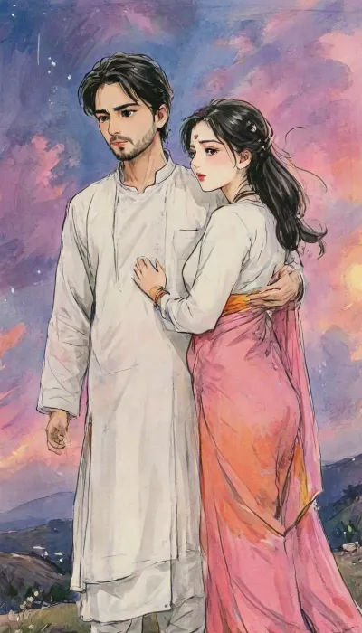 A romantic portrait anime illustration of an Indian couple on a hilltop at twilight, inspired by the iconic scene from Your Name. The framing is vertical, showing the couple in full body with the expansive glowing twilight sky rising above them. The woman wears a traditional saree with blouse, bangles, earrings, and necklace, elegant and graceful, her long hair and saree fabric dramatically swept upward and flowing wildly in the strong wind. The man wears a white kurta, his kurta fabric also caught in the heavy breeze. They stand facing each other, close, almost touching hands, filled with deep emotion. Cinematic low-angle perspective, radiant twilight horizon behind them, streaks of orange, pink, and purple fading into deep blue, stars twinkling in the background sky. Dramatic, atmospheric, poetic, highly detailed anime art with expressive line work, dynamic wind motion, and a magical romantic atmosphere. Cinematic and atmospheric composition, romantic, artistic, gufeng influence, ink and wash textures, Saree, Indian, ac_neg1, <lora:transparent-saree:.8>, <lora:XLSarees1:.8>, <lora:gufeng_ink_wash_xl_v2:1>, <lora:Eldritch_SketchDraw:1>