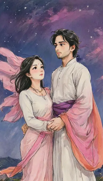 A romantic anime illustration of an Indian couple on a hilltop at twilight, inspired by the iconic scene from Your Name. The framing is vertical, showing the couple in full body with the expansive glowing twilight sky rising above them. The woman wears a traditional saree with blouse, bangles, earrings, and necklace, elegant and graceful, her long hair and saree fabric dramatically swept upward and flowing wildly in the strong wind. The man wears a white kurta, his kurta fabric also caught in the heavy breeze. They stand facing each other, close, almost touching hands, filled with deep emotion. Cinematic low-angle perspective, radiant twilight horizon behind them, streaks of orange, pink, and purple fading into deep blue, stars twinkling in the background sky. Dramatic, atmospheric, poetic, highly detailed anime art with expressive line work, dynamic wind motion, and a magical romantic atmosphere. Cinematic and atmospheric composition, romantic, artistic, gufeng influence, ink and wash textures, Saree, Indian, ac_neg1, <lora:transparent-saree:.8>, <lora:XLSarees1:.8>, <lora:gufeng_ink_wash_xl_v2:1>, <lora:Eldritch_SketchDraw:1>