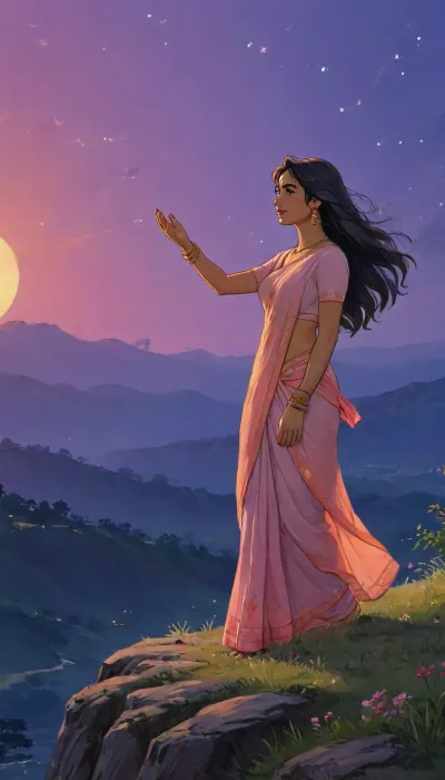 A romantic hand-drawn illustration of an Indian couple on a hilltop, inspired by the cinematic style of the anime Your Name. Wide shot, showing the couple from a slight distance with more of the surrounding hilltop and vast sky in frame. Detailed sketch style with soft muted colors, expressive pencil and watercolor textures, fine line art, and intricate shading., (Female), The woman wears a traditional saree with blouse, bangles, earrings, and necklace, elegant and graceful, her long hair and saree dramatically flowing in the air, lifted by the wind in soft, natural waves., (Male), The man wears a white kurta, looking tenderly at her, his kurta fabric also visibly flowing in the breeze. They stand close together, holding hands, facing each other in an intimate, emotional moment. Low-angle perspective, expansive twilight sky glowing behind them, streaks of orange, pink, and purple blending into deep blue, with stars faintly visible in the background. Cinematic and atmospheric composition, romantic, poetic, artistic, gufeng influence, ink and wash textures, Saree, Indian, ac_neg1, <lora:transparent-saree:.8>, <lora:XLSarees1:.8>, <lora:J_cartoon:.6>, <lora:zavy-ctflt-sdxl:.6>