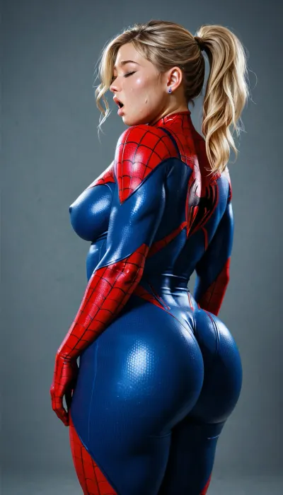 spiderman girl, bbw, overweight, thick sexy body, thick waist, plump shape, firm ass, firm breasts, blonde ponytail, extremely tight spiderman suit, full coverage suit, large boobs, moaning, muscles body, from behind, bent over, sweaty, oily, 1girl, <lora:Spider-Gwen:1.6>, SpidermanStyle, <lora:SpidermanStyleSDXL:.8>