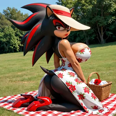 Genderbent Shadow the Hedgehog, 1girl, black fur, tan skin, massive round fake bimbo breasts, tanlines, hyper waist, huge fake bimbo ass, clothing extremely tight, floral print sundress, in field of bones, red gloomy sunlight, sun hat, arched back, pale skin, pout, bimbo, clothing too tight, thick thighs, picnic blanket, picnic basket, front side view, dress around waist, very large pussy, (Anthro furry), (furry art), (Shadow the hedgehog), (Shadow the hedgehog Hair)