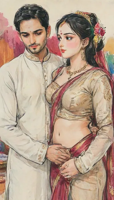 A romantic hand-drawn illustration of a recently married Indian couple standing together. The groom is handsome, tall, and muscular, wearing a crisp white shirt and traditional veshti. The bride is curvy and voluptuous, hourglass body shape, wearing a traditional Indian bridal saree with vibrant colors and intricate golden embroidery. The saree is draped in a way that tastefully reveals her midriff, (navel visible), and shows her cleavage prominently while fully clothed, Large breast, large cleavage visible. They stand close together, gazing lovingly into each other’s eyes, radiating warmth, intimacy, and joy. The scene is illuminated with soft, warm lighting, capturing intricate details of the bride’s saree, jewelry, and the groom’s attire. Romantic, cinematic, highly detailed, traditional Indian wedding atmosphere, hand-drawn style, soft shadows, expressive faces, dynamic composition, <lora:bridal_saree:.7>, <lora:xl_shuimo-000012:.9>, <lora:gufeng_ink_wash_xl_v2:.9>, <lora:Eldritch_SketchDraw:.9>