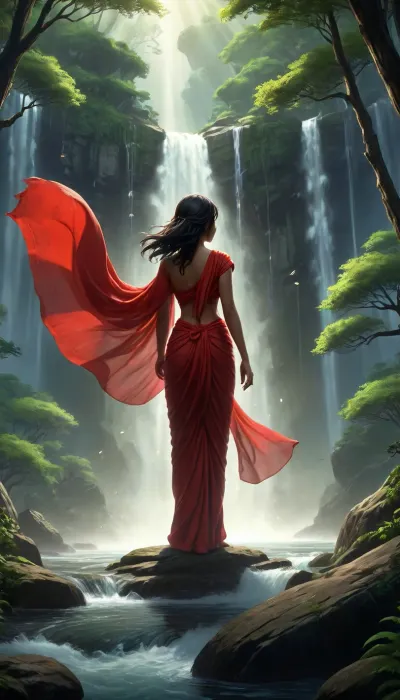 Noah Bradley Style, Beautiful Anime Forest Scenery, a beautiful illustration of indian women wearing RED saree standing in centre of the forest, her saree drape is whipped in the strong heavy wind, (very long saree drape), . Fantasy Landscape, Volumetric lighting, wallpaper, water, Raking light, Chiaroscuro, Cascading waterfall, rocks, Dreamy, Moody, Studio Ghibli, Ori and the blind forest Emotional, <lora:Noah Bradley Style:1>