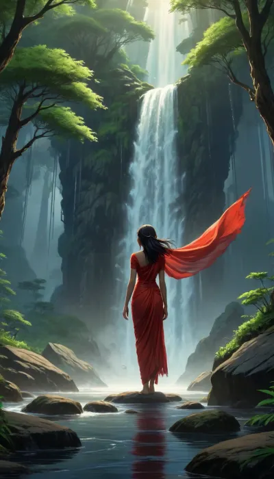 Noah Bradley Style, Beautiful Anime Forest Scenery, a beautiful illustration of indian women wearing RED saree standing in centre of the forest, her saree drape is whipped in the strong heavy wind, (very lenghty saree drape), . Fantasy Landscape, Volumetric lighting, wallpaper, water, Raking light, Chiaroscuro, Cascading waterfall, rocks, Dreamy, Moody, Studio Ghibli, Ori and the blind forest Emotional, <lora:Noah Bradley Style:1>