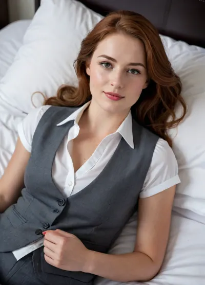 Oval face with soft contours, fair skin with slight redness, freckled face, dark almond-shaped eyes, natural dark brown eyebrows, straight smooth nose, long wavy red hair with a side part, medium well-shaped lips, horny facial expression with a slight smile, white teeth, proportionate and feminine body shape with balanced curves, spread legs, lie on a bed, lying down, colleague in her early thirties, German girl, suit vest, full body picture