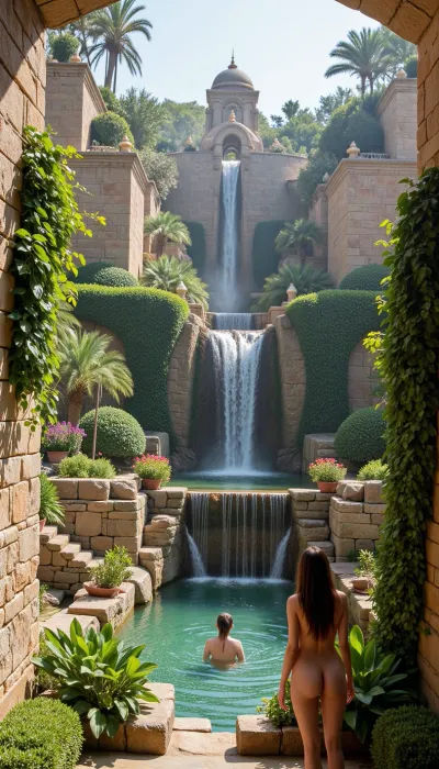 (The Hanging Gardens of Semiramis:1.3), one of the ancient wonders of the world, a breathtaking paradise of lush greenery and vibrant flowers suspended on tiered terraces. Towering stone walls draped in ivy, (exotic trees:1.2), (fragrant vines:1.2), cascading waterfalls shimmering in the sunlight, an oasis above the desert sands. Intricate Mesopotamian architecture, golden carvings, elegant staircases, statues, and arches woven with blossoms., naked curvaceous woman swimming in the pool, (Dreamlike atmosphere:1.1), (majestic:1.2), ancient paradise, timeless beauty, cinematic wide shot, ultra-detailed, (masterpiece:1.3), (best quality:1.3), 8k, dramatic lighting, high detail, highly realistic.