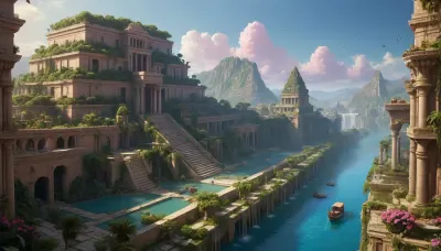 (Hanging Gardens of Semiramis:1.3), (ancient ziggurat:1.2), (fantasy structure:1.1), (multi-level terraces:1.15), (lush vegetation:1), 05, (waterfalls flowing between levels:1.2), (palm trees:1), (flowering gardens:1), (inlaid blue tiles:1.1), (bas-reliefs with mythical creatures:1.1), (gold inlays:1), (detailed architecture:1.05), (river with boats:1.1), (ancient city in the background:.9), (bright lighting:1.1), (sunlight:1), (blue sky with pink clouds:1), (epic view:1.1), (fantasy art:1.2), (digital painting:1.1), (high detail:1.1), (breathtaking landscape:1), (masterpiece:1.1), (8k:1)