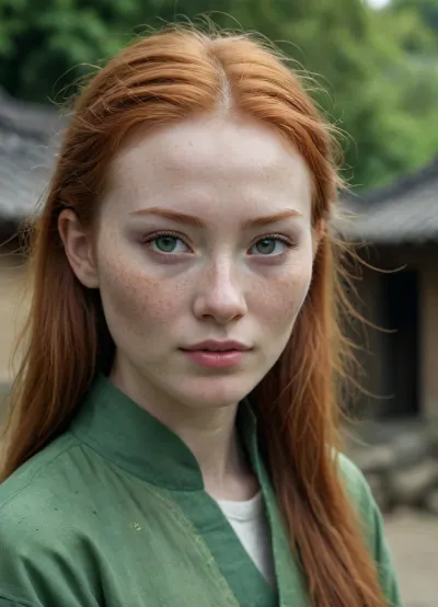 village of chinese women natural ginger, pale skin, freckles, green eyes