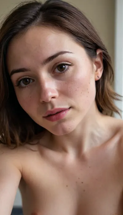 Shy Mexican-american woman, taking a selfie, white and pale skin, naked, small areolas, slim nose, covering her face with smartphone, brown hair, small sagging breasts, robust body, round face, fitness body, freckles, brown eyes, sensual pose, extremely hairy pussy, molar on cheek, 3/4 body view, rhinoplasty, hyper realistic photo, full hd, 8K
