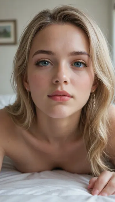 skinny 25 year old twins, lying prone looking at camera, close view from calves to head low camera view. blonde very beautiful face, very realistic detailed