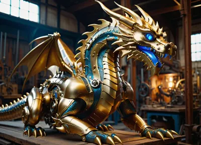 Mechanical dragon made of metal and gold with blue eyes, crouched on its paws, in a Victorian workshop. Futuristic art. Bright daylight. Close-up, wide angle shot. Detailed, atmospheric, bright colors, photorealistic.