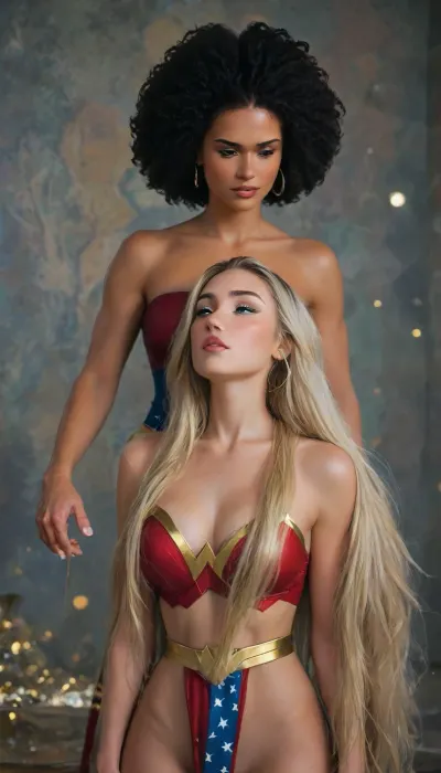 score_9, score_8_up, score_7_up, score_6_up, source_cartoon, adult women, (2women:1.2), (tyla is Supergirl:1.2), (Madison Beer is Wonder Woman), extremely lifelike, very beautiful, BREAK, adult, (Afro-Carribbean Supergirl, long flowing blonde hair:1.5), (Native-American Wonder Woman, black hair:1.5), sensual, Fitness, erotic, nsfw, Looking into the camera, whole body, shallow depth of field, highly detailed, bokeh, moody, epic, gorgeous, grainy, (ultra-detailed), (best illustration), (best shadow), (absurdres), (detailed background), (very aesthetic), ., highlydetailedbody, realisticface, highlydetailedhair, insanelydetailed, 8K.highdetailedskin, highresolution, perfectfingers, (j_cartoon:1.5), Drawing., Wonder Woman, uberfit, muscular, athletic, tyxla, DCEU, Supergirl, Snyder, Style, <lora:Madison_Beer_2024_SDXL_JugX_trigger_m4d1s0n-000066:.5>, <lora:tyla_juggerX_xl_1_st_wocap-tyxla-000086:.5>, <lora:Dataset:.4>, <lora:J_cartoon:.3>, <lora:Animated_Concept:.4>
