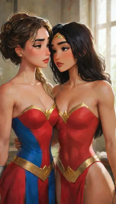 score_9, score_8_up, score_7_up, score_6_up, source_cartoon, adult women, (2women:1.2), (tyla is Supergirl:1.2), (Madison Beer is Wonder Woman), extremely lifelike, very beautiful, BREAK, adult, (Afro-Carribbean Supergirl, long flowing blonde hair:1.5), (Native-American Wonder Woman, black hair:1.5), sensual, Fitness, erotic, nsfw, Looking into the camera, whole body, shallow depth of field, highly detailed, bokeh, moody, epic, gorgeous, grainy, (ultra-detailed), (best illustration), (best shadow), (absurdres), (detailed background), (very aesthetic), ., highlydetailedbody, realisticface, highlydetailedhair, insanelydetailed, 8K.highdetailedskin, highresolution, perfectfingers, (j_cartoon:1.5), Drawing., Wonder Woman, uberfit, muscular, athletic, tyxla, DCEU, Supergirl, Snyder, Style, <lora:Madison_Beer_2024_SDXL_JugX_trigger_m4d1s0n-000066:.5>, <lora:tyla_juggerX_xl_1_st_wocap-tyxla-000086:.5>, <lora:samdoesarts1.1-000030:.4>, <lora:J_cartoon:.3>, <lora:Animated_Concept:.4>