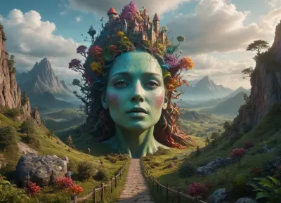 Surrealistic digital painting of an adventure land formed within the contours of a human head, imaginative elements, creating an atmosphere of tranquility, voluminous, mysteriously colored, lush soundtrack, octane rendering, 8k, richly detailed., <lora:xl_more_art-full_v1:.5>