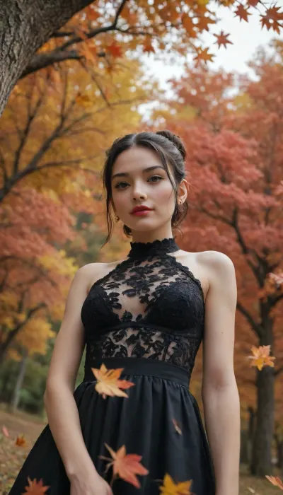 ultra realistic, masterpiece, high detailed skin, best quality, high res, very aesthetic, anime style, studio anime, source_ecchi, anime, (finely detailed face), ((petite body:1.6)), fong ling, black hair, medium breasts, single hair bun, brown eyes, short hair, parted bangs, hair behind ear, large breasts, red nails, fingernails, nail polish, ear piercing, smokyeyes, lash, black mascara, bright red lipstick parted lips, petite shape, A illustration shoot about a character, 1 girl, 1 woman, shoot from a woman posing in a black lace dress with ruffled edges, surrounded by colorful autumn foliage. the image also shows a serene and natural setting. a woman with light skin and short, black hair appears to be leaning against a tree, she has fair skin, and a slender physique. her hair is styled in loose waves and falls down her back. she is wearing a black lace, revealing, sleeveless micro dress with a frilly hem and ruffles on the hem, showcasing her bare shoulders and large-sized breasts. the background features a lush, green park with trees in the distance, and colorful autumn leaves scattered on the ground, sunset brings a colorful red background, her expression is seductive inviting but somehow also a bit of lovley cute smile, relaxed but provocative pose, dramatic scenery, intricate details, (blurry background, depth of field:1.1), the picture has an alluring and erotic vibe, ((dynamic dutch angle:1.6)), ((view from below:1.6))