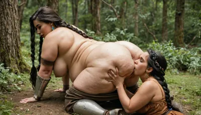 extreme fat, obese, fattened, overweight, severe cellulite, chubby, double chin face, beautiful inuit melanin ssbbw princess Pocahontas, with torn native-american brown dress, 2 long black braids, hairy pussy, groped, grabbed and sqeezed in her fat sagging belly by medieval soldiers in armor pants down, in the forest, <lora:Cine Princesses:.5>, semi rear view, cunnilingus, 2girls, girl, grabbing and squeezing fat belly, <lora:Cunnilingus XL:.8>