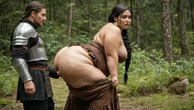 extreme fat, obese, fattened, overweight, severe cellulite, chubby, double chin face, beautiful inuit melanin ssbbw princess Pocahontas, with torn native-american brown dress, 2 long black braids, hairy pussy, groped, grabbed and sqeezed in her fat sagging belly by medieval soldiers in armor pants down, in the forest, <lora:Cine Princesses:.5>, side view