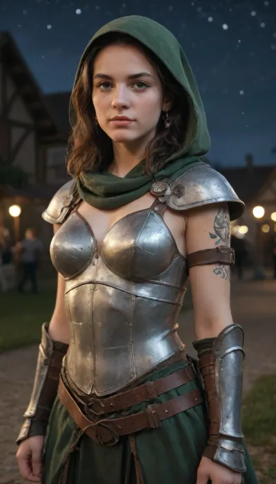 masterpiece, ultra-HD, cinematic lighting, photorealistic, impressionism, high detail, depth of field, (blurred background), (dramatic lighting), best quality, very aesthetic, 8k, realistic, light particles, nsfw, 1girl, archer, theif, asymmetrical hair, fantasy archer, ranger, hood, bow, jewelry, tan skin, leather armor, vambrace, quiver, asymmetrical clothing, medium breasts, breasts too big for clothing, multicolored eyes, tattoos, contrast, novel illustration, absurdres, ((extremely detailed outfit, outfit details)), Archer, medieval, medieval themed background, night, at night, nebula in sky, stars, Black and green theme