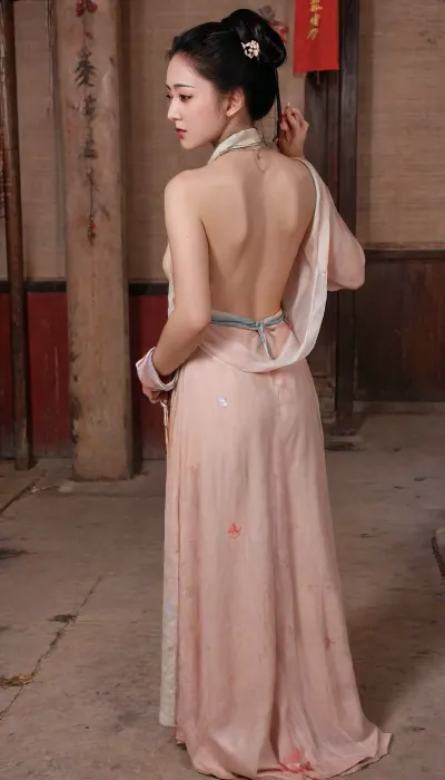 (in ancient period:1.3), (on dark mongolian yurt:1.4), (1girl, asian face, chinese, beautiful slender body, long legs:1.3), (back view:1.3), (hanfu clothes torn open, half naked, flat breasts:1.5), (bondaged, handcuffs, arms are tied by rope:1.4), (face covered by veil mask, shameful embarrassed chinese woman, blushing, crying in tears:1.3), (head lowered, eyes looking at ground:1.4), (traditional chinese embroided cloth shoes:1.2), (hairy pussy:1.3), (ancient chinese female hairstyle, hair bun:1.3), (without makeup:1.2), black hair, hairy pussy, (rope collar, held by a muscle man), (style\), (mole, under, mouth:.8), slave_restraints, outfit, szhf, dress, <lora:MaybeBetterFaceInFullBodyLora_XL_rev3:1.2>, <lora:FD_XL_ENF:1.5>, <lora:slave_restraints:.8>, <lora:szhf:1.1>