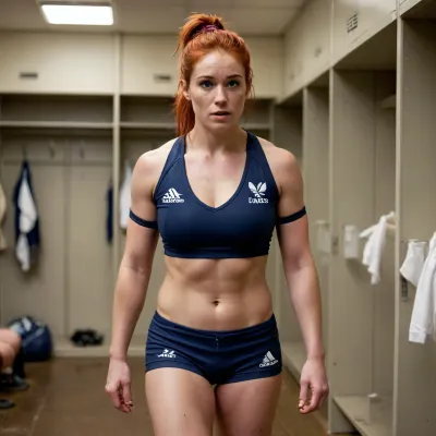 Tall 20's female rugby player, with slim athletic body, red hair, ponytail, large breasts, tight Scotland rugby kit, in locker room, naked players in background, removing top, slightly muddy