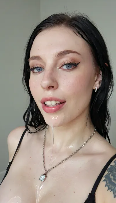 very horny breathtaking 25 year old American Goth girl, face wet with saliva and cum after sloppy blowjob, loose, sloppy, spitting cum on her medium natural saggy breasts out, athletic body, perfect skinny body sharp nose, smooth silky long hair rectangular face, wide mouth, full lips, dark makeup, black hair and pale skin, tattooed, expensive hairstyle, expensive earrings, beautiful necklace, thin eyes, blue eyes, pale skin, freckles, big cheekbones, slim, deep dimples, cute chin, kind eyes, white teeth, detailed faces, <lora:SDXL_BetterFaces-LoRA_v1:.5>
