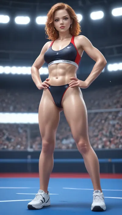 woman, ((1Girl)), 18 years old Exhausted an sweaty German ginger Athlete, standing hands on hips look in the blu sky, super fit, abs, skin pores, realistic eyes, realistic fit body, sold out Olympic sports stadium, perfect realistic sun light, hyper realistic photo, tight wet white and red Nike sport clothing, sponsored and start number, brief and sports bra, sports shoes, (((super fat big and deep slit cameltoe))), (huge mons pubis), medium breast, breast, highly detailed, SLR Camera, ultra-detailed, professional photography, masterpiece, photo-realism, realistic, award winning photography, highest quality, insanely detailed, 8k uhd, 8k, full body visible, c4m3lt0