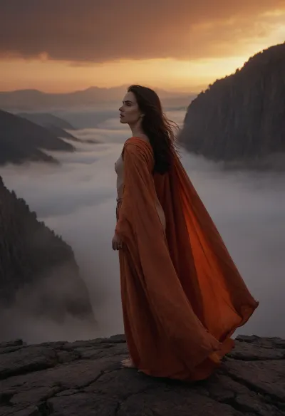 A 20-year-old woman stands at the edge of a vast, windswept chasm in a rugged mountain range at dawn, the sky painted with fire and ash. She wears only a tattered, flowing cloak that slips from her shoulders, revealing her naked body, her pale skin glowing in the first light. Her long, dark hair whips in the rushing wind, her face turned toward the horizon—eyes closed, lips slightly parted, as if breathing in the raw power of the world. Below, fog fills the chasm, and distant peaks rise like broken teeth. The landscape is rugged, ancient, alive. A full-length front shot captured in a hyperrealistic photographic style, with shallow depth of field, golden-orange light piercing the clouds—a moment of surrender, courage, or transformation. She's not just standing on the edge... she's ready to fly., flat, chested, <lora:flat_chested_v3.5:.8>