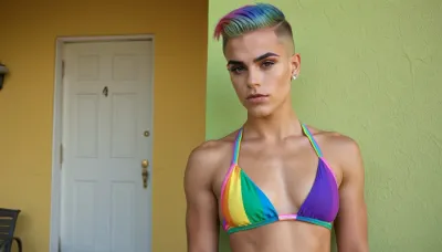 Young queer feminine boy, bikini, sexy bikini top, gay pride rainbow colors, non nude, thick eyebrows, piercings, very short trimmed hair with undercut, ((full body view)), muscular, bulge