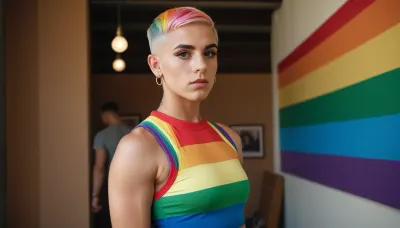 Young queer feminine boy, tight sporty mini dress, gay pride rainbow colors, non nude, thick eyebrows, piercings, very short shaved hair with undercut, ((full body view)), muscular