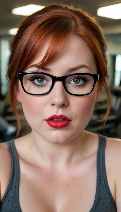 Hyperrealistic headshot photo of a red haired seductive gorgeous chubby gym goer in her 30s. she is sweaty, wearing glasses and is biting her lip, she has very freckled skin, she has gorgeous big eyes, foxy in shape and smokey makeup. She has lovely red lips with cum on her face. She is a uk body size 14.
Image category, explicit blowjob