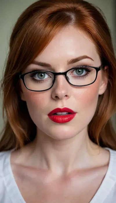 Hyperrealistic orgasm headshot photo of a seductive gorgeous nurse in her 30s having an orgasm wearing glasses, she has ginger/red/auburn hair, she has very freckled skin, she has gorgeous big eyes, foxy in shape and smokey makeup. She has lovely red lips with cum on her face. She is a uk body size 14.
Image category, explicit