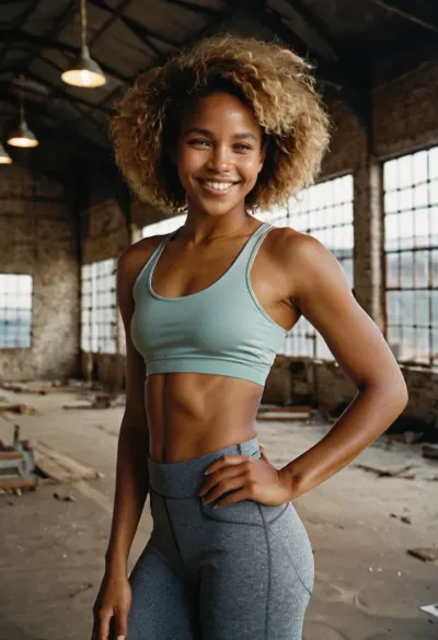 polaroid, Brutalist high Fashion waist up photo of a 24 year old Malagasy-Chokwe female radiant yoga instructor with Joyful laughter expression. Her body is Lean, sculpted back muscles that taper to a slim waist, toned muscles, abs, small breast, flat chest. She has Smooth skin with a natural shine, especially around the cheekbones. The skin pores and texture are clearly visible and in focus. Her Oval with notched edges, Almond-shaped, hazel eyes, framed by long, elegant eyelashes. Her haircut is Textured bob with highlights. Her haircolor is Blonde hair. Her eyebrows are Curved arch shaped, complementing her delicate facial features. Her outfit is Raw material texture top, midriff, Rough texture gradient leggings, She poses in She stands with her feet apart, hands tucked into the pockets of her jacket, and gazes confidently into the distance, embodying urban cool.. in the background Abandoned industrial buildings, lights Diffused glow through frosted glass panels in the style of Bruce Weber