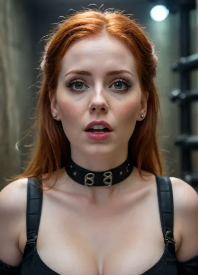 Hyperrealistic facial close up photo of a beautiful busty gothic scottish woman she is a redhead in her 20s, looking up at the viewer with doe eyes. She is trapped in a BDSM dungeon. She is tied up to a sex machine looking Surprised. Wearing over the top make up. Hair in ponytail or bunches. Large breasts, barely managing to stay in her dress.
The photo is looking down on the woman.
Her face clearly shows joy and surprise, when she sees what you have for her.