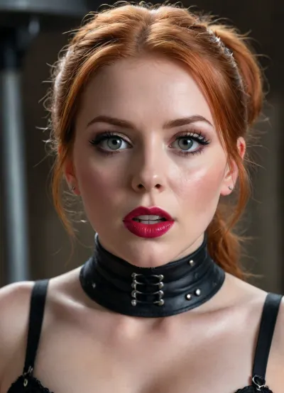 Hyperrealistic facial close up photo of a beautiful busty gothic scottish woman she is in her 20s with ginger hair, looking up at the viewer with doe eyes. She is trapped in a BDSM sex dungeon. She is tied up to a sex machine looking Surprised. Wearing over the top make up. Hair in ponytail or bunches. Large breasts, barely managing to stay in her dress.
The photo is looking down on the woman.
Her face clearly shows immense pleasure, joy and surprise, as she is being fucked by a huge machine.
Wet Red lips.
Wearing a corset.