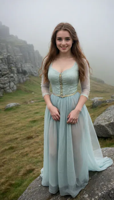 Beautiful Irish women in traditional transparent irish clothing, (25 year old), long hair, smiling submissively, beautiful face, ultra high quality, on irish mountain, standing on big stone, misty, hazy foggy, <lora:RealDownblouseXL2:.1>