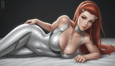 brigitte from Overwatch, solo, a very very very long thick braid, red hair, full lips, thick lips, huge chest circumference, dark olive skin, tight micro Starfleet Officer metallic high-necked long-sleeved high-rise bodysuit, sexy pose on the bed, black background
