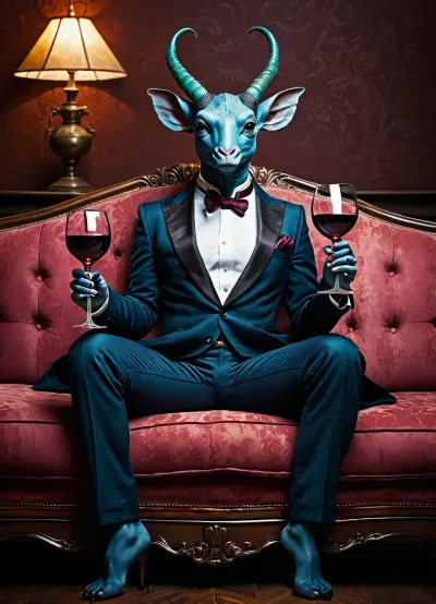 dark fantasy art, (moral little freak chupacabrik sitting on a couch with three hands holding wine glasses), full-body perspective.