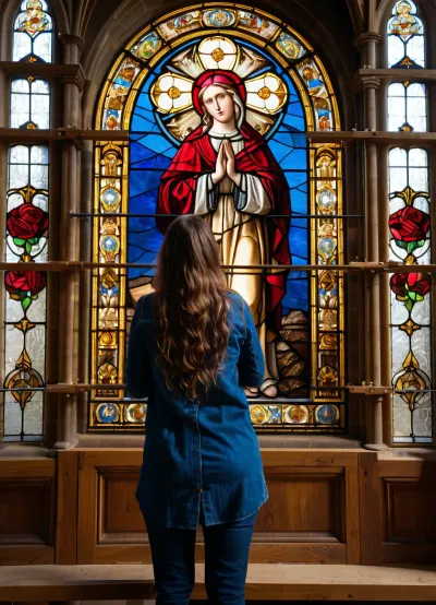 Masterpiece, detailed, high resolution, 8K, extremely detailed, (photorealistic:1.2), the interior of the Cathedral of Our Lady of Paris, ((female master stained glass artist, with long hair, standing on high wooden scaffolding, above the front door of the cathedral, concentratingly assembling from small colored panes of glass, the stained glass window of the Southern Rose, in the Gothic cathedral of Our Lady of Paris, inserting pieces of glass into the lead frame, assembling a masterpiece mosaic image, on his concentrated face glisten large drops of sweat, eyes scrutinizing each piece of glass)), (close-up of the master:1.4), natural light, colored reflections from the stained glass on the walls, Close-up, only part of the stained glass Southern Rose is visible, wide-angle shot, waist view. Detailed, atmospheric, vivid colors, photorealistic.