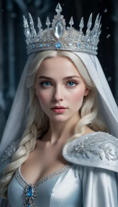 The image shows the Snow Queen, a majestic and cold heroine from the fairy tale by Hans Christian Andersen. Her image embodies icy beauty and power. The queen's face is stern, with delicate features, and her eyes radiate a cold glow, as if reflecting the light of the moon.

Her headdress resembles a crown of transparent ice, with sharp edges that emphasize her royal status. The white cloak draped over her shoulders symbolizes purity and cold, and on her chest there is an ice crystal decoration that enhances her magical aura.

The background of the image is dark, which emphasizes her icy glow and creates an atmosphere of mystery. This image perfectly conveys the character of the Snow Queen, a powerful but lonely ruler of the ice kingdom.